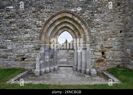 Clonmacnoise Abbey, cathedal e cimitero celtico e cristiano a Shannon River, County Offaly in Middle of Republik d'Irlanda Foto Stock