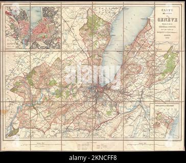 Pianta vintage della città di Ginevra e zona intorno ad esso dal 20th ° secolo. Le mappe sono ben illustrate a mano e incise mostrandola al momento. Foto Stock