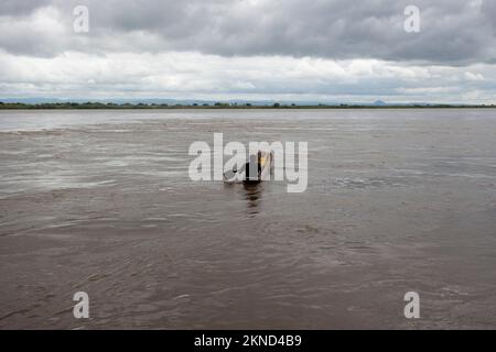 Fiume Zambezi in Mozambico, con la sagoma di un uomo che va in canoa da solo Foto Stock