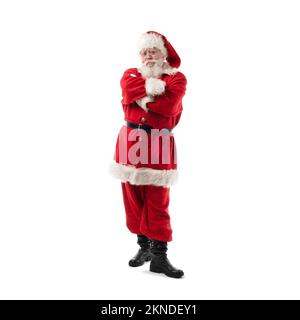 Ritratto di Babbo Natale. Pensare con le mani piegate. Isolato su sfondo bianco Foto Stock
