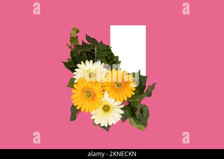 Fiori bianchi e gialli su sfondo rosa accanto a carta bianca. Spazio per il testo. Foto Stock