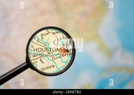 mappa sotto lente d'ingrandimento - Houston Foto Stock