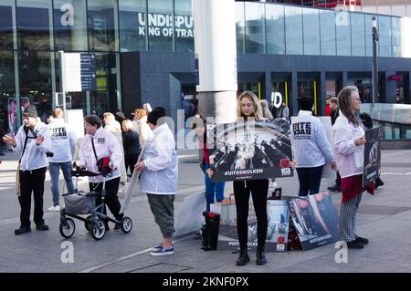 Utrecht, Paesi Bassi - 12 novembre 2022: Attivista per i diritti degli animali che protesta per un miglior trattamento degli animali di fronte alla stazione ferroviaria Utrecht ce Foto Stock