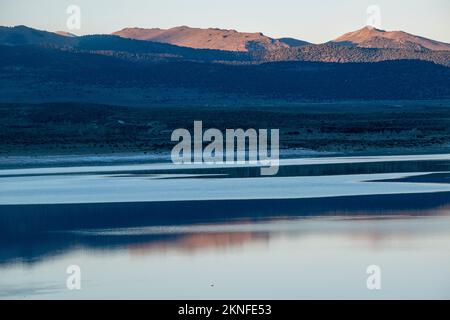 Il lago mono è bellissimo in inverno e riflette le cime montuose come i crateri Inyo-Mono, nella Sierra orientale della California. Foto Stock