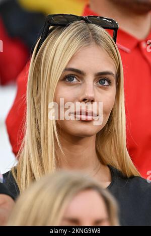 La moglie Kevin De Bruyne, Michele Lacroix, partecipa alla partita Belgio/Marocco della Coppa del mondo FIFA Qatar 2022 allo stadio al Thumama di Doha, Qatar, il 27 novembre 2022. Foto di Laurent Zabulon/ABACAPRESS.COM Foto Stock