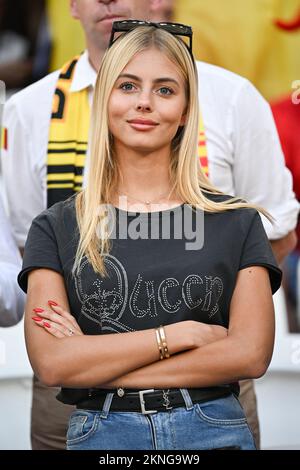 La moglie Kevin De Bruyne, Michele Lacroix, partecipa alla partita Belgio/Marocco della Coppa del mondo FIFA Qatar 2022 allo stadio al Thumama di Doha, Qatar, il 27 novembre 2022. Foto di Laurent Zabulon/ABACAPRESS.COM Foto Stock