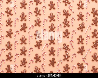 Uomo di pan di zenzero e sfondo modello di canne caramelle per il modello di banner di Natale. Buon Natale e felice anno nuovo flyer design nel rendering 3D Foto Stock