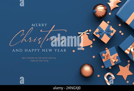 Allegro modello di banner natalizio con regali e ornamenti d'oro su sfondo blu a giacitura piatta. Natale e felice nuovo tipo di anno per il design del volantino nel 3D re Foto Stock