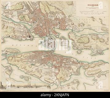 Piano vintage della città di Stoccolma e dell'area circostante dal 1836. Le mappe sono splendidamente illustrate a mano e incise mostrando la città al momento. Foto Stock