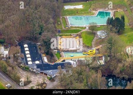 Vista aerea, cantiere di costruzione presso la piscina all'aperto Schöne Flöte a Holzwickede, zona Ruhr, Renania settentrionale-Vestfalia, Germania, Bathhouse, Bagno r Foto Stock