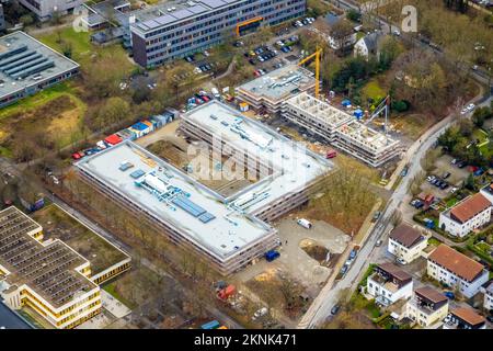 Vista aerea, cantiere e nuovo edificio Jakob-Muth-School nel distretto di Königsborn in Unna, Ruhr, Nord Reno-Westfalia, Germania, Construt Foto Stock