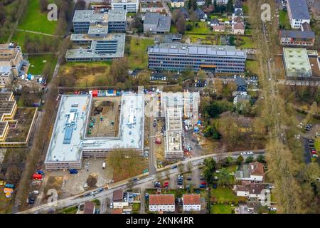 Vista aerea, cantiere e nuovo edificio Jakob-Muth-School nel distretto di Königsborn in Unna, Ruhr, Nord Reno-Westfalia, Germania, Construt Foto Stock