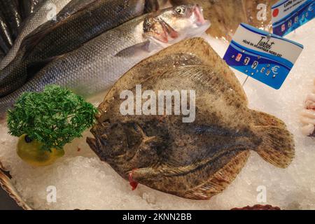 Pesce fresco e frutti di mare in vendita a Las Halles mercato, Biarritz, Francia Foto Stock