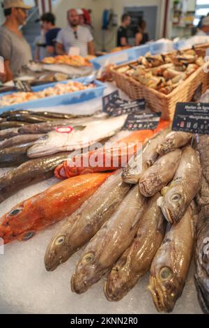Pesce fresco e frutti di mare in vendita a Las Halles mercato, Biarritz, Francia Foto Stock