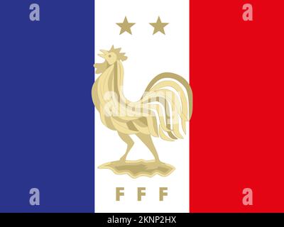 Emblema della federazione calcistica francese sulla bandiera francese, illustrazione Foto Stock