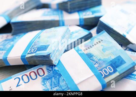 Cumulo di rubli russi. Concetto di fondo del denaro Foto Stock