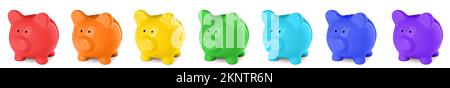 Collage di coloratissime sponde di maialino su sfondo bianco Foto Stock