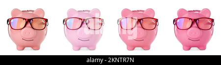Collage di banchi di piggy rosa con occhiali su sfondo bianco Foto Stock