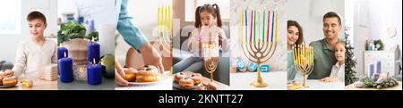 Collage per Hanukkah con famiglia felice, menorah, candela e prelibatezze Foto Stock