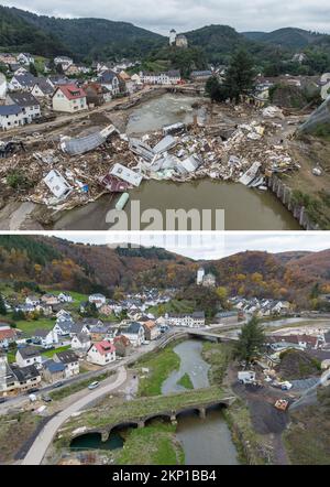 Altenahr, Germania. 28th Nov 2022. KOMBO - Pochi giorni dopo il disastro di alluvione, carovane, serbatoi di gas, alberi e rottami si accumulano in metri di altezza su un ponte sopra l'Ahr in Altenahr-Kreuzberg (top, 19 luglio 2021). Nel frattempo, l'erba è cresciuta sul ponte ferroviario distrutto sopra l'Ahr (sotto, 21.11.2022 - foto aeree scattate con un drone). (A dpa: 'Rassegnazione nella valle di Ahr - 'lo slancio è fuori con molta gente') accreditamento: Boris Roessler/dpa/Alamy notizie in tensione Foto Stock