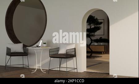 Area relax minimale o spazio salotto caffè design interno con computer portatile e caffè tazza sul tavolo, eleganti poltrone, parete circolare bianca e arco Foto Stock