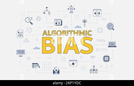 concetto di bias algoritmico con icone impostate con parole grandi o testo sull'illustrazione vettoriale centrale Foto Stock