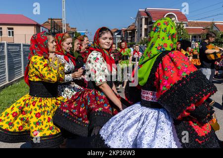 Tradizionale processione di nozze attraverso il villaggio di Certeze, Satu Mare, Romania Foto Stock