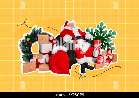 Foto collage grafica immagine minima di sorridente babbo natale preparazione x-mas presenta sfondo isolato disegno Foto Stock