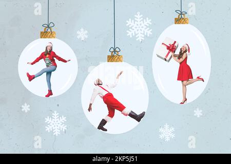 Grafica grafica grafica collage 3D creativa pittura di divertente funky santa assistente ballare all'interno x-mas baubles sfondo isolato disegno Foto Stock