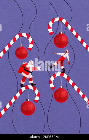 Creative retro 3D rivista collage immagine di funky sorridente funky xmas due santas camminare enormi canne caramelle sfondo isolato pittura Foto Stock