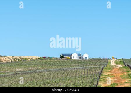 Hermanus, Sud Africa - 20 settembre 2022: Edifici e vigneti della fattoria di Benguela Cove Wine Estate vicino Hermanus nella Provincia del Capo Occidentale Foto Stock