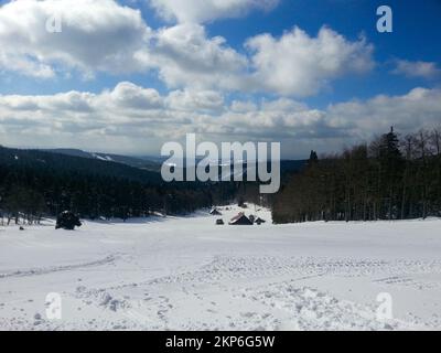 una casa in montagna si trova sotto la pista di sci che si apre tra due parti del bosco. Il cielo alterna nuvole e cielo blu. Foto Stock