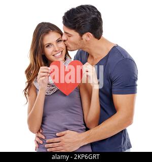 Sempre e per sempre. una giovane coppia felice isolata su bianco. Foto Stock