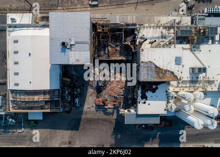 edificio distrutto da un incendio Foto Stock