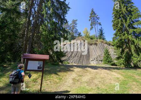 Donna in piedi di fronte a una bacheca presso la roccia basaltica Rotavské varhany (montagna di vetro), Rotava, Karlovarský kraj, Repubblica Ceca, Europa Foto Stock