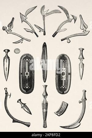 Armi dei guerrieri di Zande. Troumbaches, coltelli, sciabole e scudi, Repubblica Democratica del Congo. Africa. Cuore dell'Africa tre anni di viaggi e avventure nelle regioni inesplorate dell'Africa Centrale di Georg August Schweinfurth, 1868-1871 Foto Stock