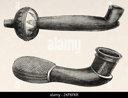 Pipe di popolazioni indigene africane, Repubblica Democratica del Congo. Africa. Cuore dell'Africa tre anni di viaggi e avventure nelle regioni inesplorate dell'Africa Centrale di Georg August Schweinfurth, 1868-1871 Foto Stock