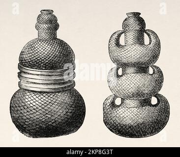 Tipi di caraffe tradizionali del popolo Golo, Repubblica Democratica del Congo. Africa. Cuore dell'Africa tre anni di viaggi e avventure nelle regioni inesplorate dell'Africa Centrale di Georg August Schweinfurth, 1868-1871 Foto Stock