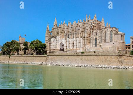 Cattedrale di San Maria la Seu in stile architettonico gotico architettura gotica, sullo sfondo a sinistra Alcazar Real Palazzo reale Palazzo reale Foto Stock