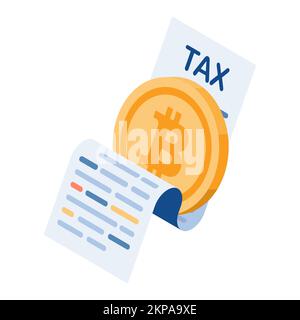 Piatto 3D Isometrica Bitcoin con documento fiscale. Bitcoin e Cryptocurrency Tax Illustrazione Vettoriale