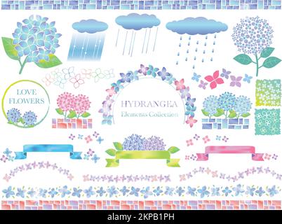 Set di illustrazioni vettoriali riguardanti le ortensie e le giornate piovose isolate su sfondo bianco. Illustrazione Vettoriale