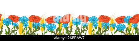 Bordo floreale vettoriale. Bordate con fiori di papavero selvatico, fiori di mais e una spikelet di grano maturo. Progettazione di cartoline, progettazione di background di siti web, Illustrazione Vettoriale