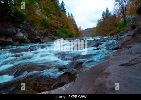 Cascata di Yaremche, fiume di montagna di Prut nei Carpazi. Ucraina Foto Stock