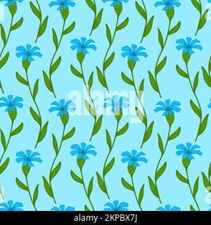 Motivo senza giunture vettoriale per fiori di mais. Fiori blu di fiori di mais su sfondo blu. Fiori selvatici in stile doodle. Design per tessuti, copertine. Illustrazione Vettoriale