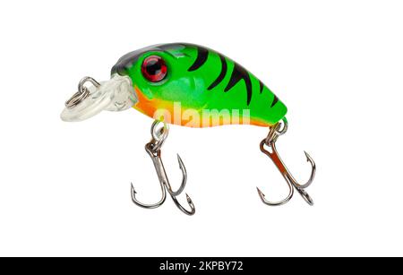 Wobbler isolato su sfondo bianco. Pesca esca per la pesca. Pesce di plastica con ganci. Esca che gira. Con tracciato di ritaglio Foto Stock