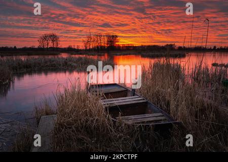 Una vecchia barca sulle canne sulla riva del lago e un bellissimo tramonto, Stankow, Polonia Foto Stock