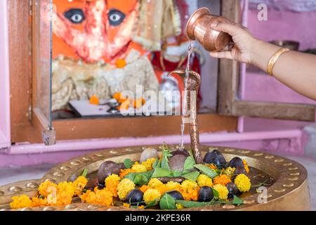 donna che offre l'acqua santa al dio indù shivalinga adorato con fiori e carta da campana al tempio Foto Stock