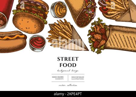 Street food disegno di illustrazione disegnato a mano. Sfondo con salse retrò, soda, gyros, hamburger, taco, shawarma, patatine fritte, hot dog. Illustrazione Vettoriale