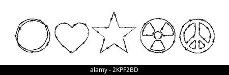 Set di profilati a filo spinato. Illustrazione vettoriale disegnata a mano nello stile di schizzo. Elemento di progettazione per i concetti di esercito, sicurezza, prigione, schiavitù Illustrazione Vettoriale