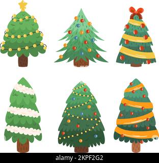 Collezione di cartoni piani alberi di Natale. Pino e abete decorati con ghirlanda leggera, palle e nastri. Set per le vacanze invernali per il biglietto d'auguri. Illustrazione Vettoriale